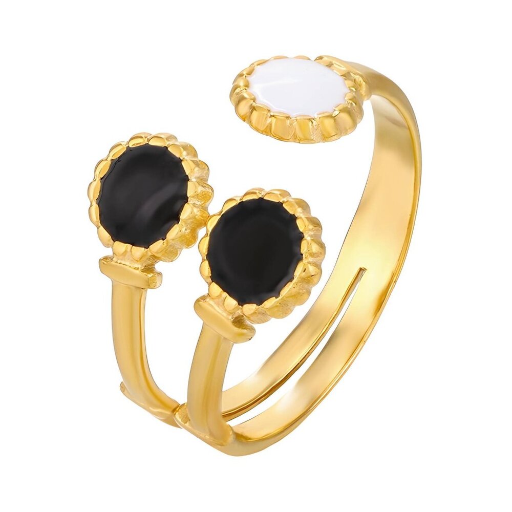 Gold Plated Adjustable Ring w/ Black & White Stones Trendy Chic Modern Everyday